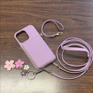 ZVE iPhone 14 Pro Max Lavender Phone Case Wallet with Strap, Wristlet & Charms